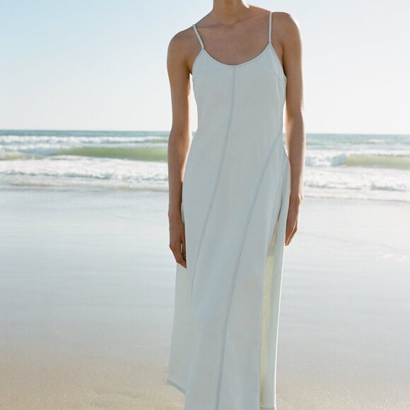 Zara TRF SEAMED DENIM MIDI Dress Saguetti STRAPS Sz L SKY BLUE NWT - Picture 4 of 9